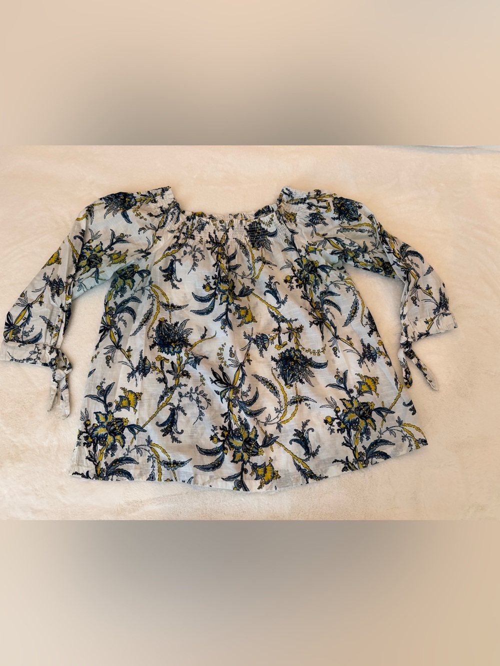 LOFT Outlet Women’s White Floral Smocked Neck Peasant Top